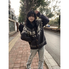 重磅北极绒座山雕大毛毛领毛衣外套冬美式复古休闲慵懒风针织开衫，男装针织衫/毛衣，电商A486-1