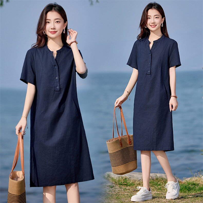 亚麻连衣裙2025夏季新款短袖中长款宽松显瘦大码胖MM妈妈棉麻裙子,女装连衣裙,文熹诺