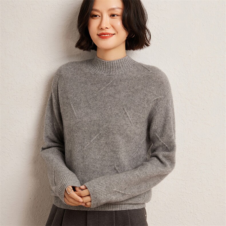 秋冬季35%羊绒65%羊毛休闲百搭7针斜杠半高领羊绒衫,女装羊绒衫,广悦羊绒