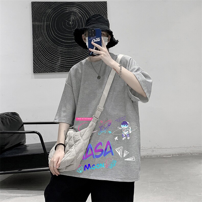 HT73186-P22NASA联名同款华夫格t恤男短袖男大码五分袖大皂风,男装T恤,电商A040