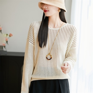 慵懒镂空圆领防晒针织针织衫新款夏季罩衫宽松长袖空调薄款上衣图片