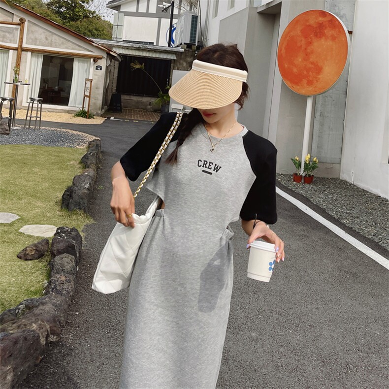 新款现货圆领撞色露腰剪裁休闲连衣裙212A-611-P105-165,女装连衣裙,浙宝212A