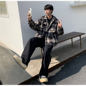 时尚潮宽松型翻领格子慵懒潮流男秋季休闲青春流行2025毛呢大衣图片