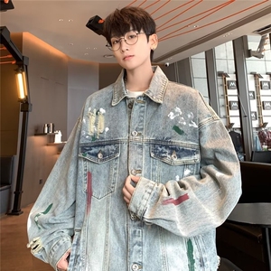 春秋破洞泼墨牛仔外套男休闲机车设计感复古百搭夹克N8633/P68图片