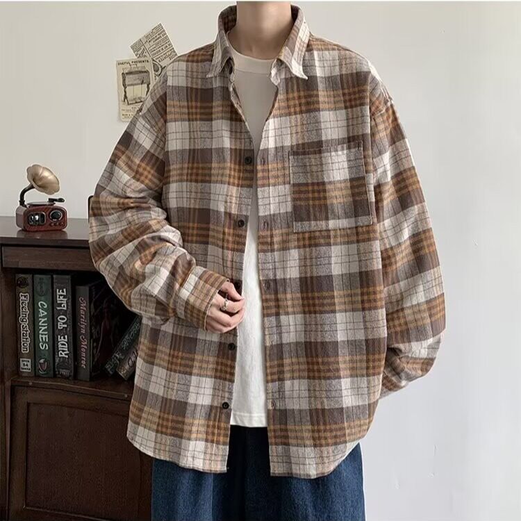 C22-P40男士格子衬衫长袖港风潮牌帅气衬衣高中生宽松衣服,男装衬衫,电商B323A