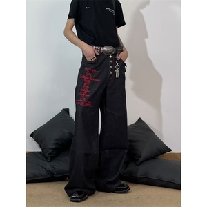 美式高街复古水洗黑灰色微喇叭牛仔裤男街头潮牌修身显瘦长裤图片