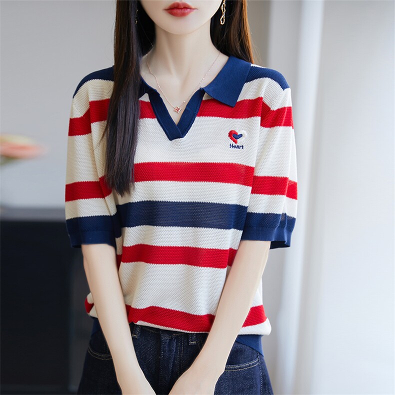 莱赛尔天丝针织衫女夏季新款韩版冰丝短袖T恤薄翻领洋气减龄条纹，女装针织衫/毛衣，唐诺