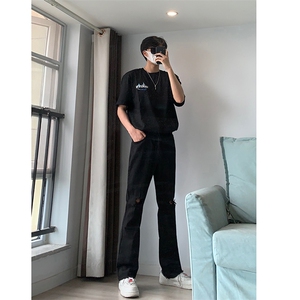 美式高街黑色破洞牛仔裤男女秋冬修身微喇直筒裤SG935 P34图片