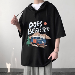 LD54269-P45NASA 连帽短袖t恤男大码胖子带帽五分袖中袖图片