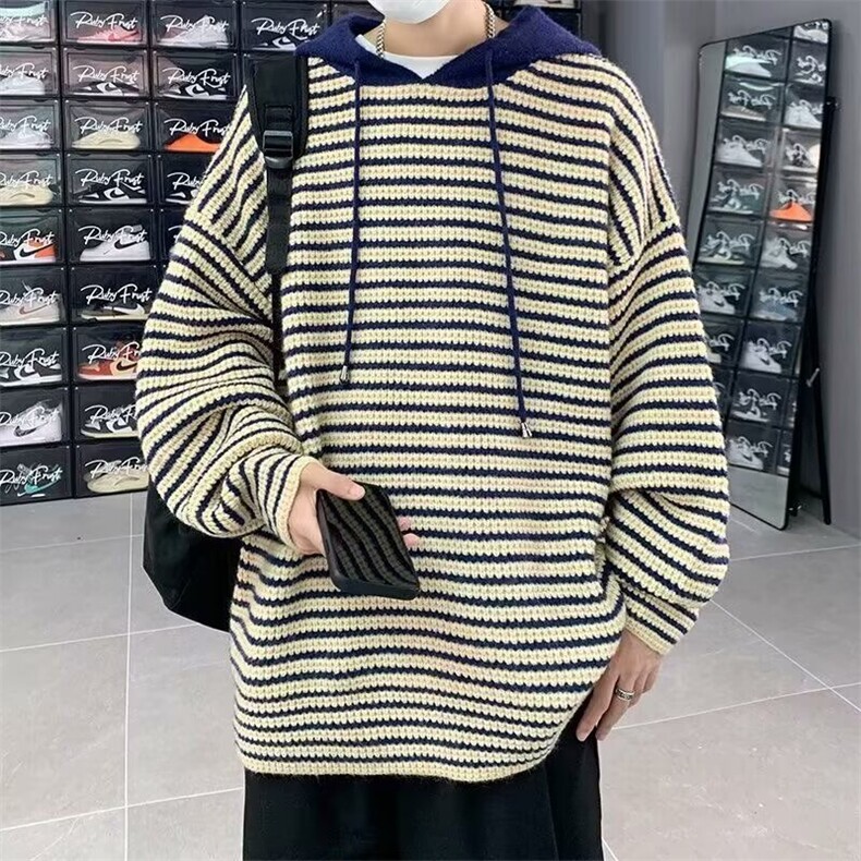 条纹拼色连帽毛衣男秋冬季复古日系慵懒风宽松针织衫外套,男装针织衫/毛衣,星座506A