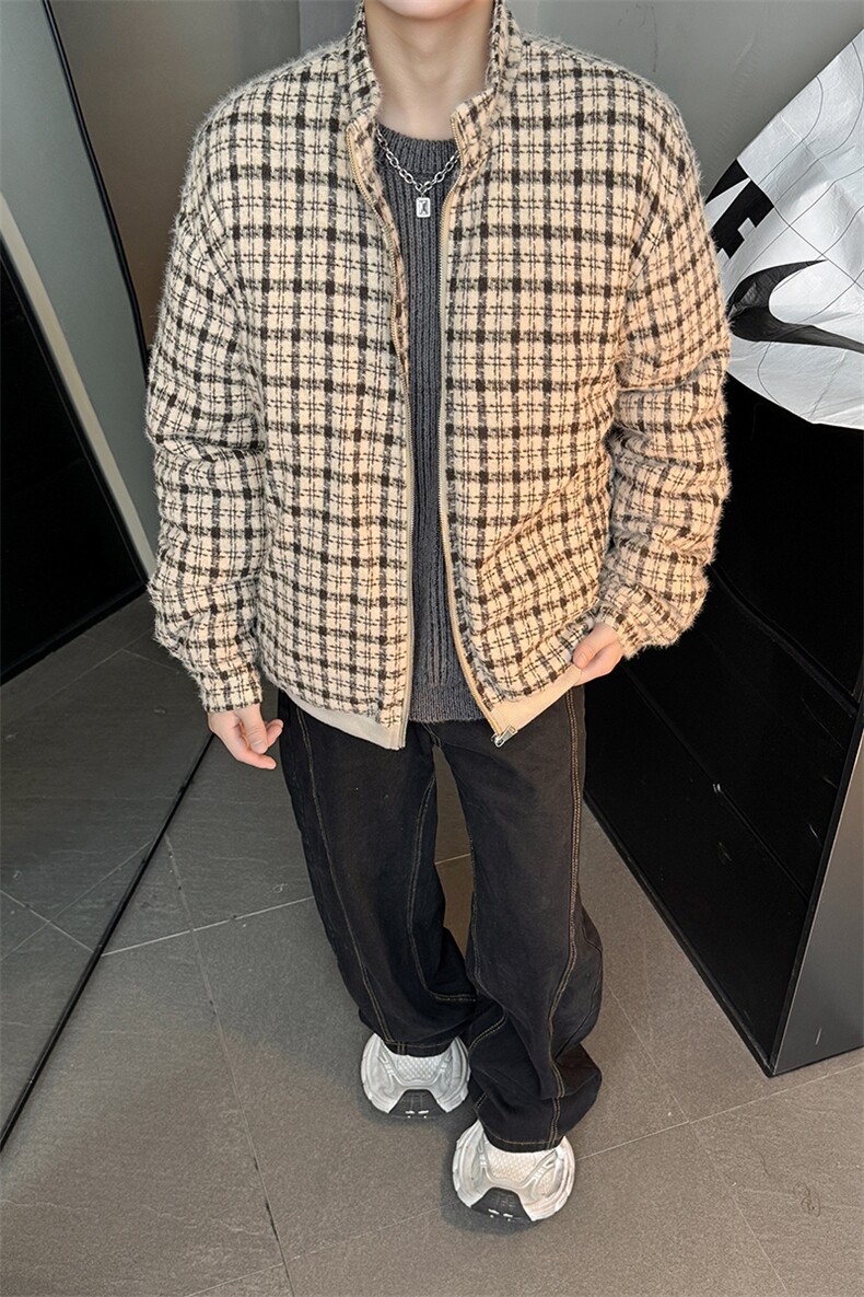 学院风时髦文艺复古格子百搭上衣街头时尚夹棉外套棉衣HY877P90,男装棉衣,电商A102B