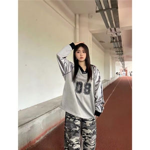 美式复古运动球衣长袖T恤男女宽松拼接字母印花网眼透气街舞衣服图片