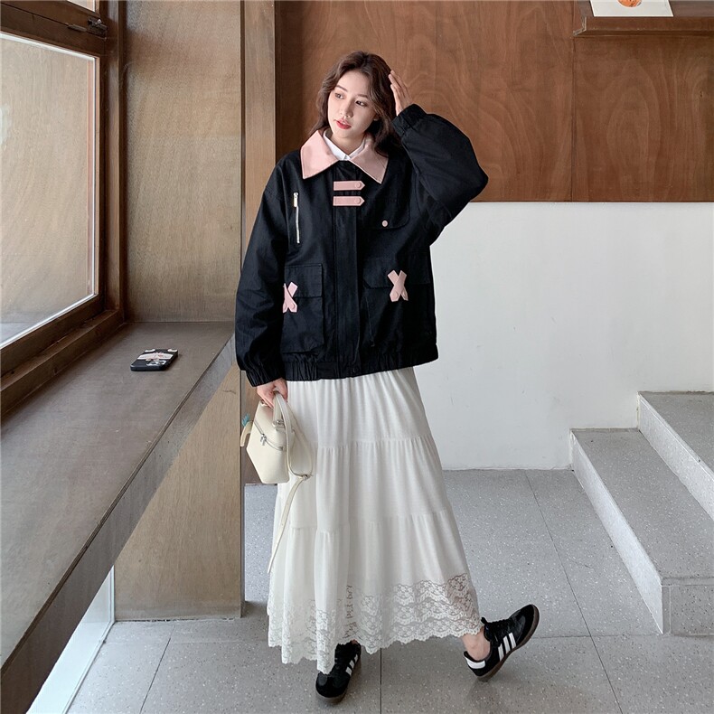 黑色撞色减龄工装外套女2025秋季新款设计感学院风宽松百搭夹克潮,女装短外套,2C030