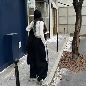 运动裤女春秋季盐系炸街宽松垂感直筒小个子休闲卫裤窄版阔腿裤图片