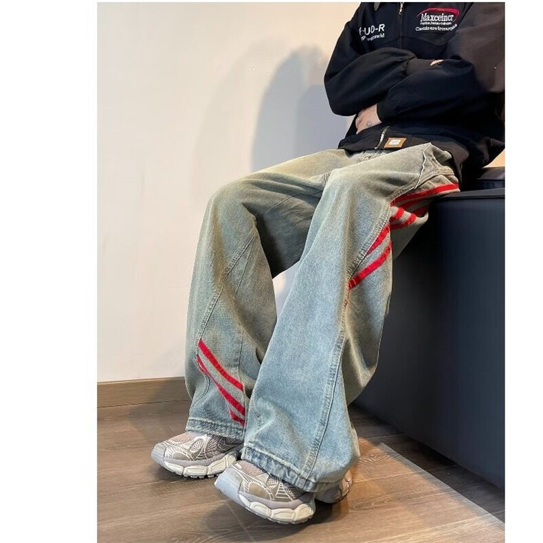 高街拼接设计三杆牛仔裤男款2025春秋季炸街直筒阔腿垂感裤,男装牛仔裤,星座410-6（原星座1304-1）