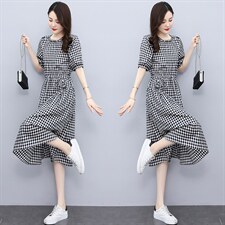 棉麻连衣裙女装2022夏季新款收腰显瘦女神范拼接短袖棉麻夏天裙子，女装连衣裙，香水丽阁