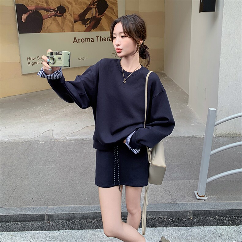 韩版时尚格纹拼接休闲卫衣套装女2025春秋季新款显瘦短裙子两件套,女装套装/套裙,C位