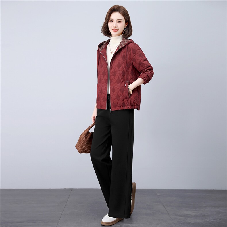 长期现货妈妈春秋早冬夹棉服时尚格子连帽外套短中老年两件套装女,女装套装/套裙,璐依舞