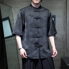风夏季新款2024梅兰竹菊新中式短袖半袖T恤衬衫T2802-P65，男装T恤，电商A021