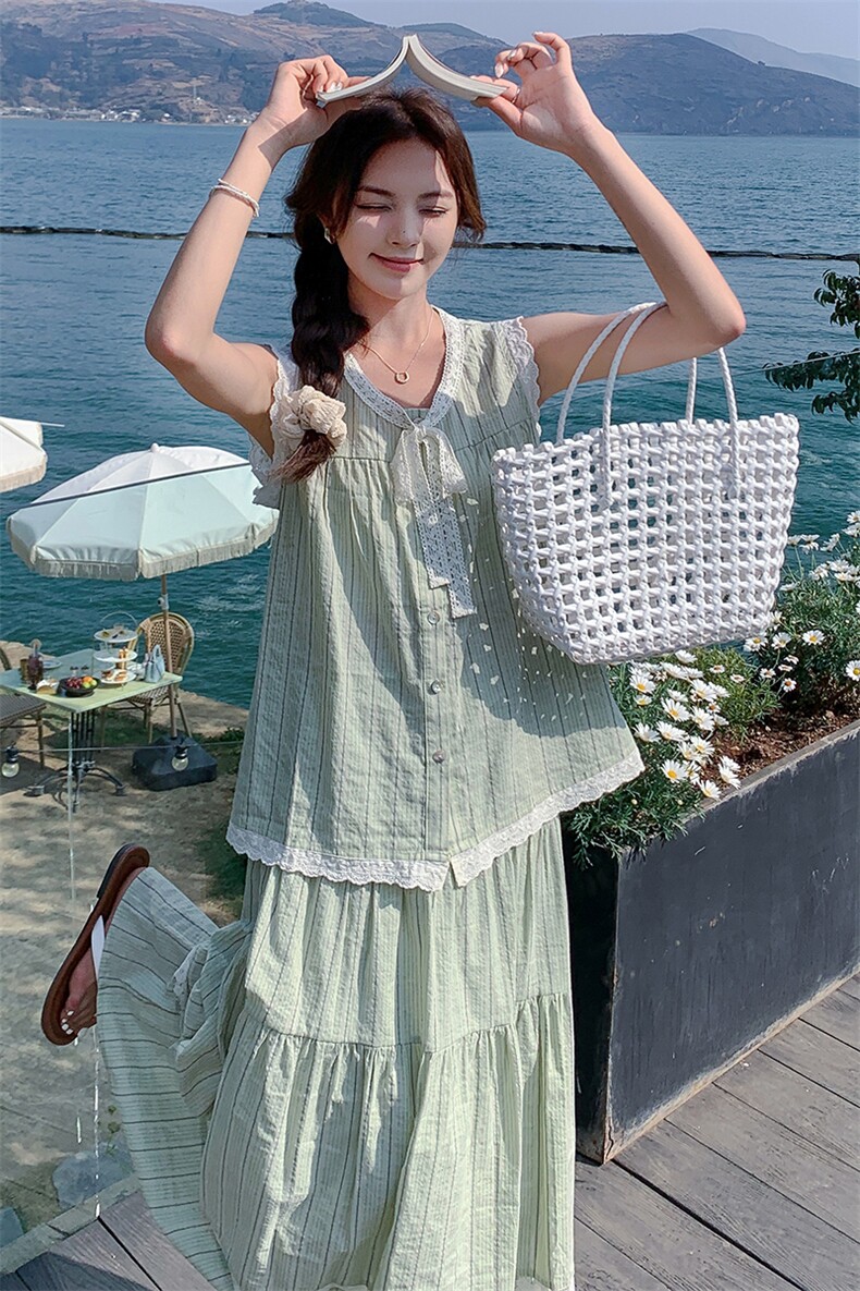 绿色氛围感减龄条纹套装裙女蕾丝边上衣2025夏季新款半身裙两件套,女装套装/套裙,含赞