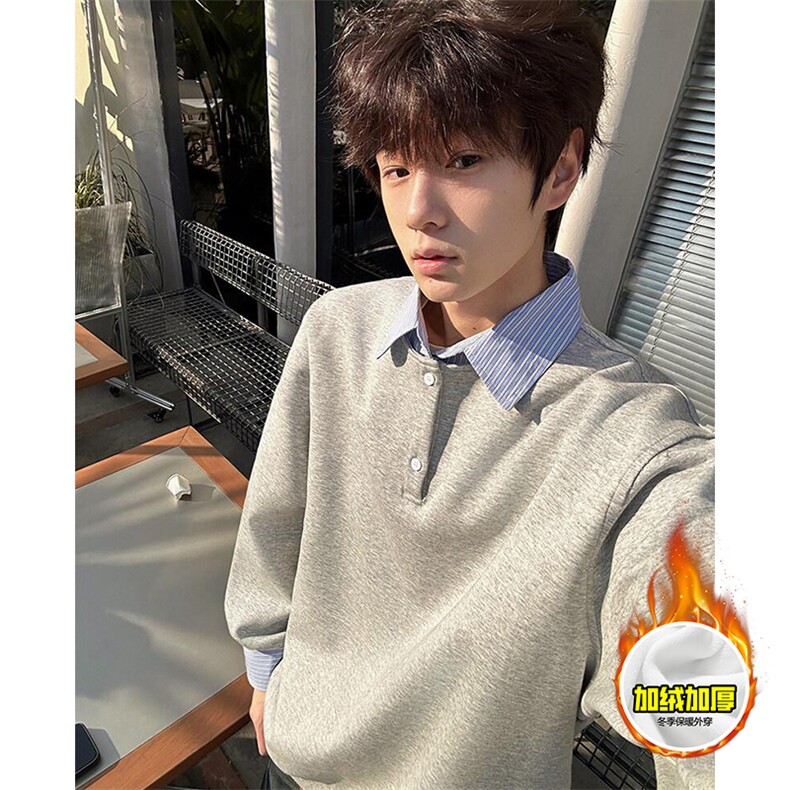 重磅加绒硬挺boxy男女美式高街假两件衬衫领长袖卫衣POLO领打底衫，男装T恤，电商A486-1