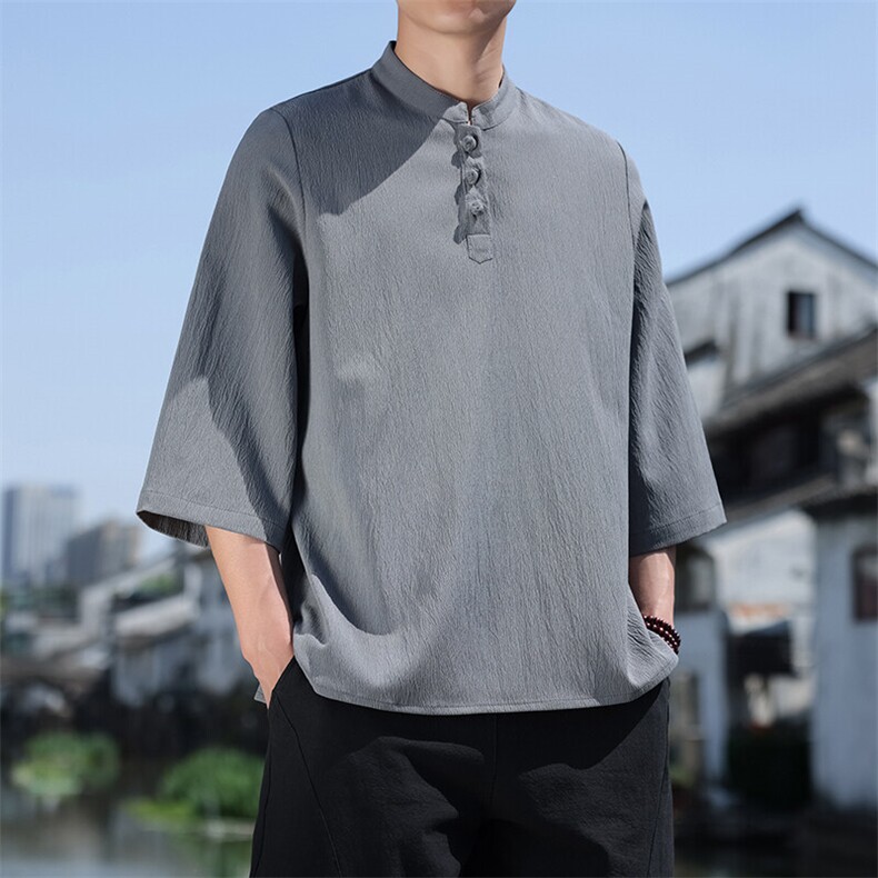 2025新款夏季风纯色立领上衣盘扣休闲T恤宽松潮流男T2505-P45,男装T恤,电商A008