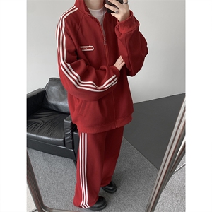 8XL-M条纹撞色开衫新年红卫衣运动套装潮牌运动服校园风TZ114P118图片