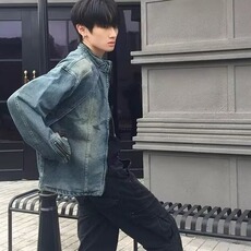 现货春秋宽松做旧立领重磅解构牛仔外套男拉链夹克网图JK003-78，男装工装外套，星座302B-3