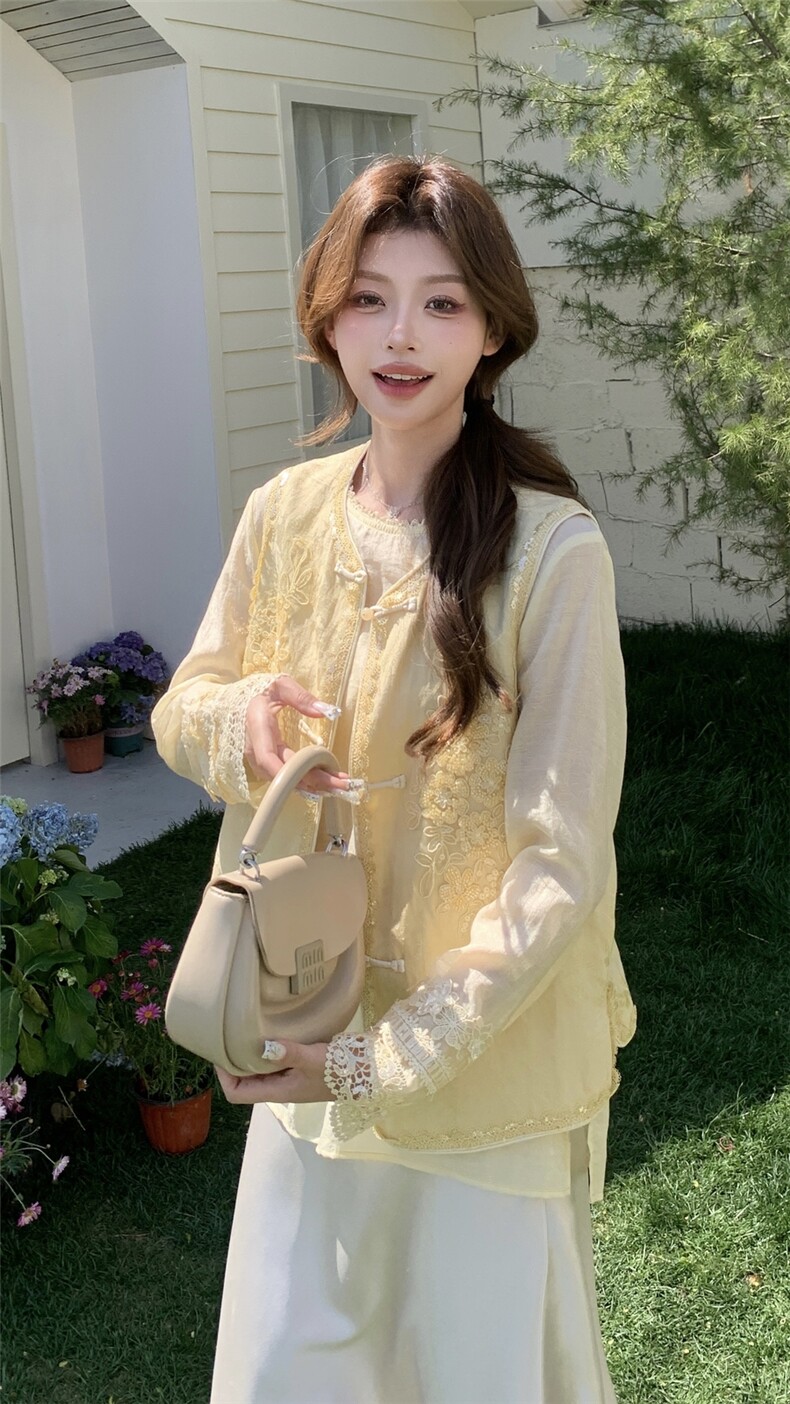 高端亚麻提花刺绣国风马甲女2025春夏新款高级感气质上衣钉珠衬衫,女装马甲,浙宝208A