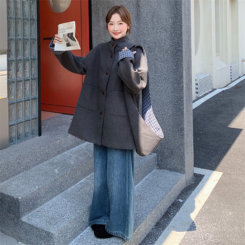 韩系格子拼接毛呢外套女2025冬季宽松显瘦中长款大衣,女装毛呢外套,纯色衣恋