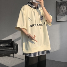 现货T10112-特批35控68新款撞色拼接格子假两件连帽短袖T恤，男装T恤，电商A059