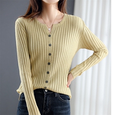 2025年秋冬新款羊绒开衫女纯色针织衫圆领短款坑条毛衣外套长袖，女装针织衫/毛衣，春韵羊绒