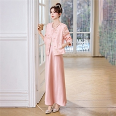 新中式G风套装女2026春新款优雅时尚复古盘扣刺绣文艺范两件套裙，女装套装/套裙，时尚俏佳人