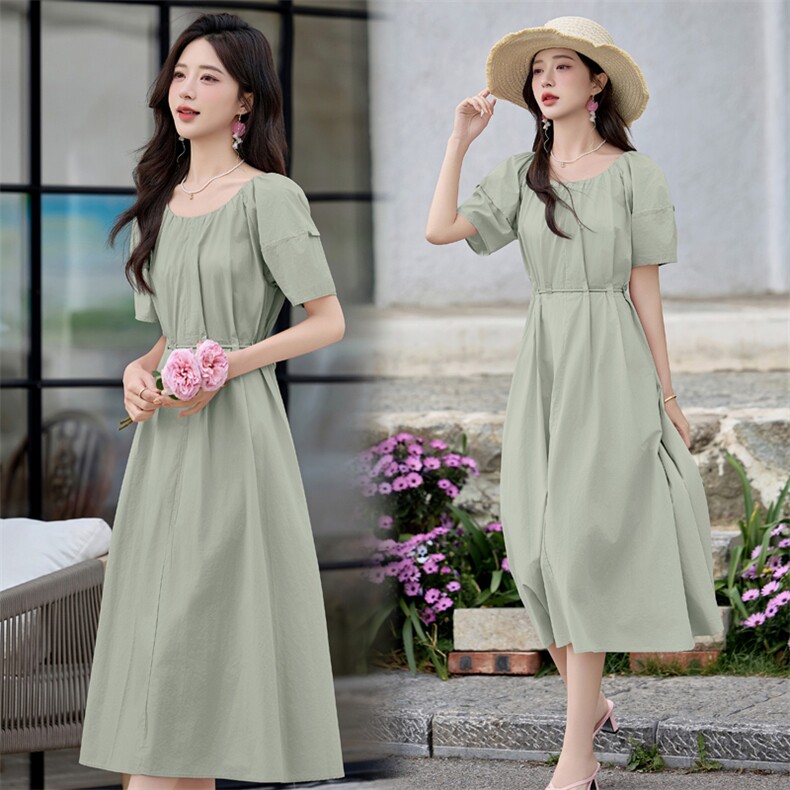 白漉自制荷叶短袖后背交叉收腰连衣裙裙子2025夏季特价清仓长裙，女装连衣裙，贝蕾酷儿