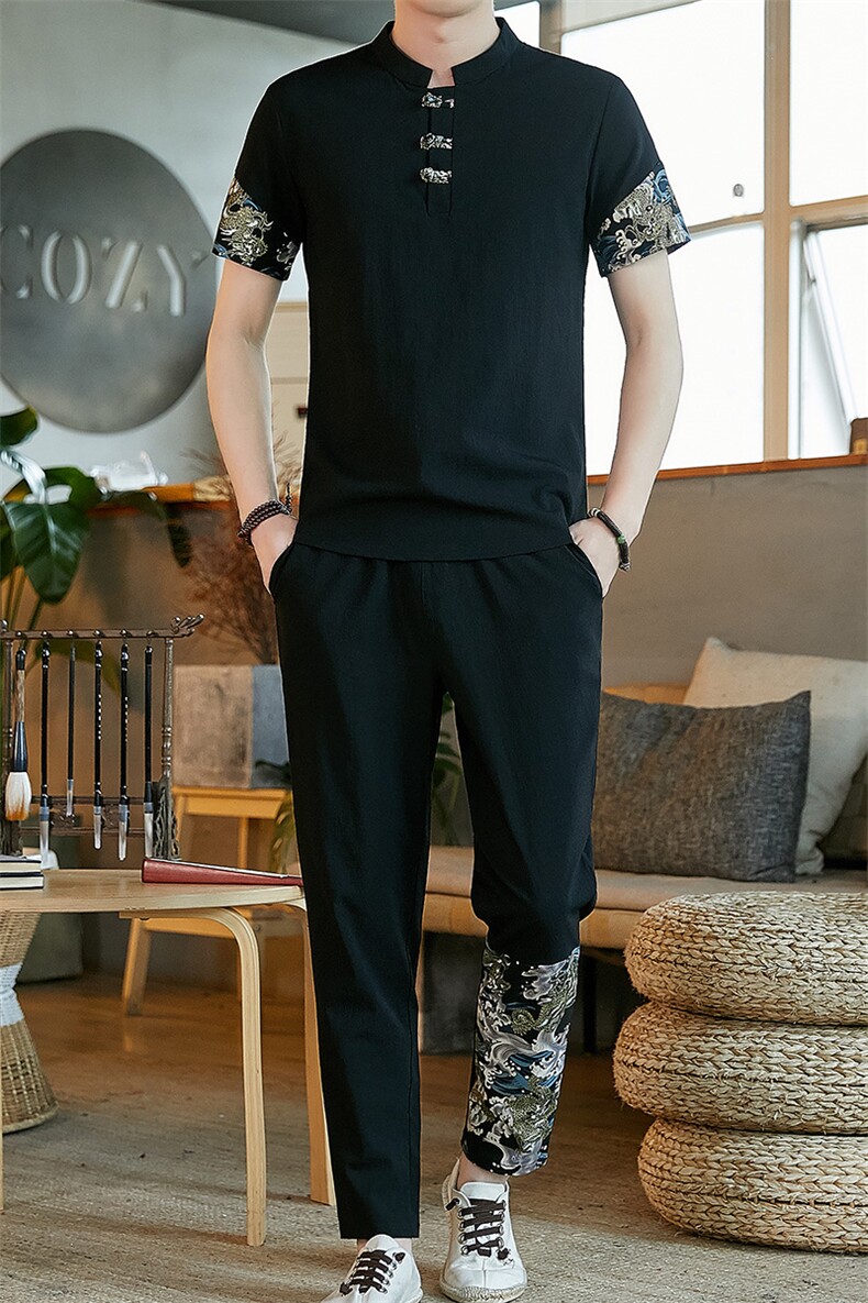 中国风套装男2021夏季新款古风汉服宽松唐装两件套A438-999-P60,男装休闲套装,电商A438