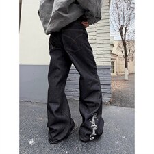 原创印花丹宁黑色加绒牛仔裤男女2026新款直筒休闲宽松长裤NN017，男装牛仔裤，星座516A