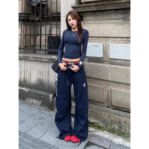 藏蓝色刺绣弯刀卫裤男女秋季小个子直筒阔腿慵懒美式爵士舞运动裤图片