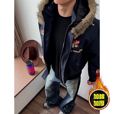 现货高品质美式高街重磅刺绣座山雕大毛毛领棉衣男女加厚棉服外套，男装棉衣，电商A486-1