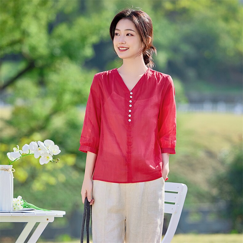 2026年夏季女短袖宽松亲肤透气文艺风,女装衬衫,江南依恋