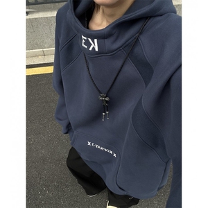 美式慵懒chic高领连帽卫衣男女秋季日系正肩刺绣外套情侣休闲上衣图片