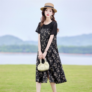 复古印花拼接连衣裙女2025夏新款时尚显瘦宽松休闲慵懒风T恤裙子