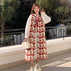 法式甜美碎花罩衫连衣裙套装女春秋2025新款多巴胺流行爆款长裙子，女装连衣裙，2D080