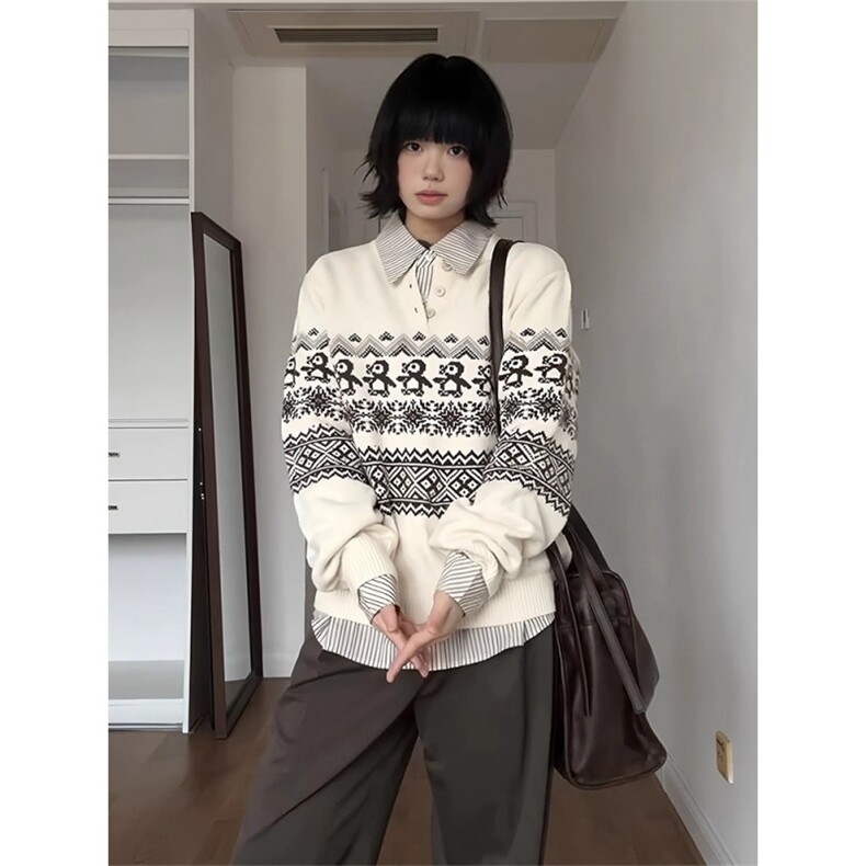 费尔岛复古花纹毛衣女秋冬慵懒风企鹅提花圆领针织衫宽松休闲上衣,男装针织衫/毛衣,星座516A