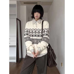 费尔岛复古花纹毛衣女秋冬慵懒风企鹅提花圆领针织衫宽松休闲上衣图片
