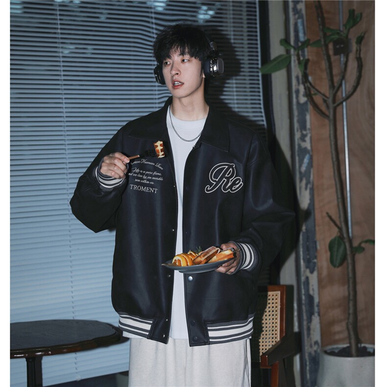 美式机车高街翻领皮衣中性绣花PU夹克棒球服外套男H1006P118，男装夹克，电商A341