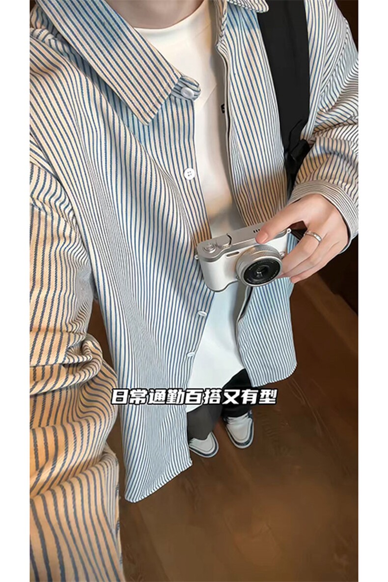 日系复古条纹长袖衬衫男高级感穿搭大码休闲衬衣外套C2251-特价28,男装衬衫,电商A007
