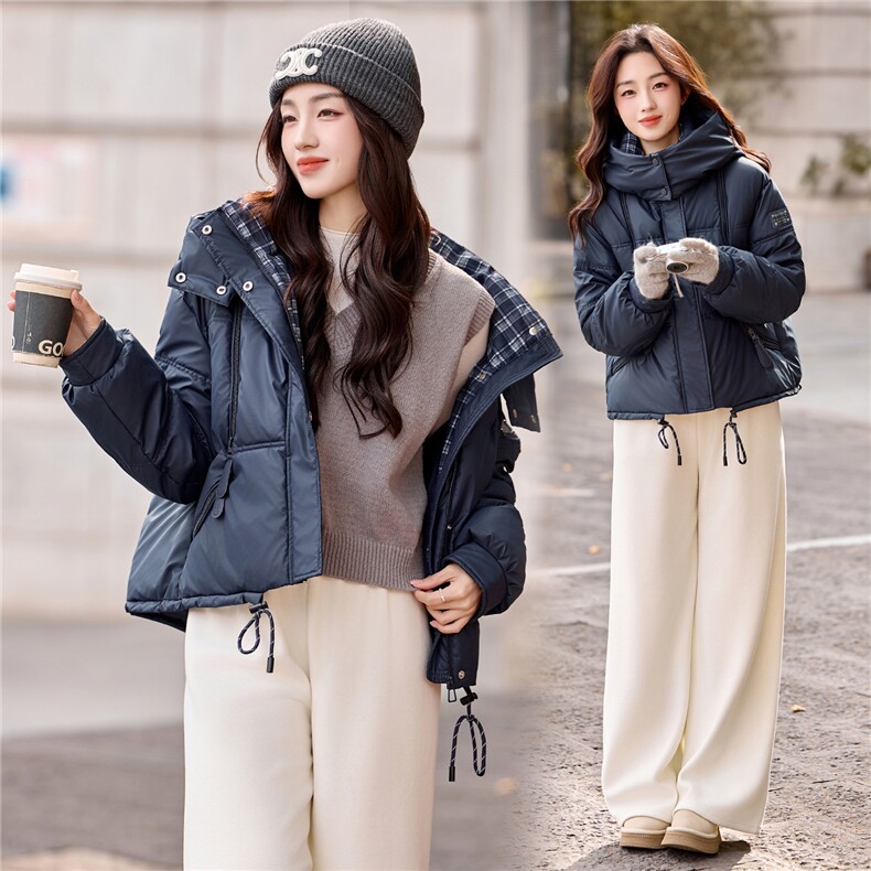 现货冬装新款简约时尚保暖休闲拼接连帽PU加厚棉服棉衣外套,女装棉衣/棉服,韩美纤衣