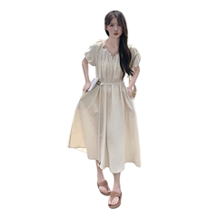 【新款】中长款杏色短泡泡袖套头连衣裙1C042-P135-K205，女装连衣裙，安在秀