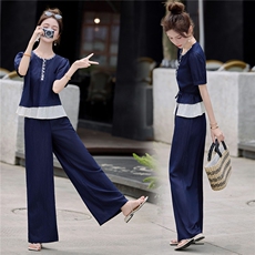 2025年夏季套头圆领短袖刺绣上衣阔腿裤藏青色套装，女装套装/套裙，微微衣阁