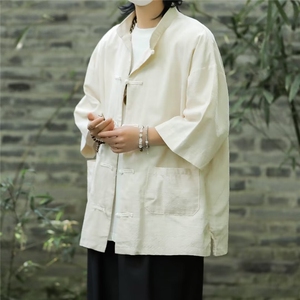 新中式男装中山装男女同款麻棉风复古中袖衬衣唐装 C4538图片